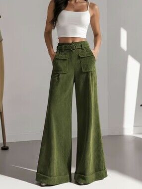 Women'S Olive Green Wide Leg Pants High Waist Solid Color Beltless Pocket Pants